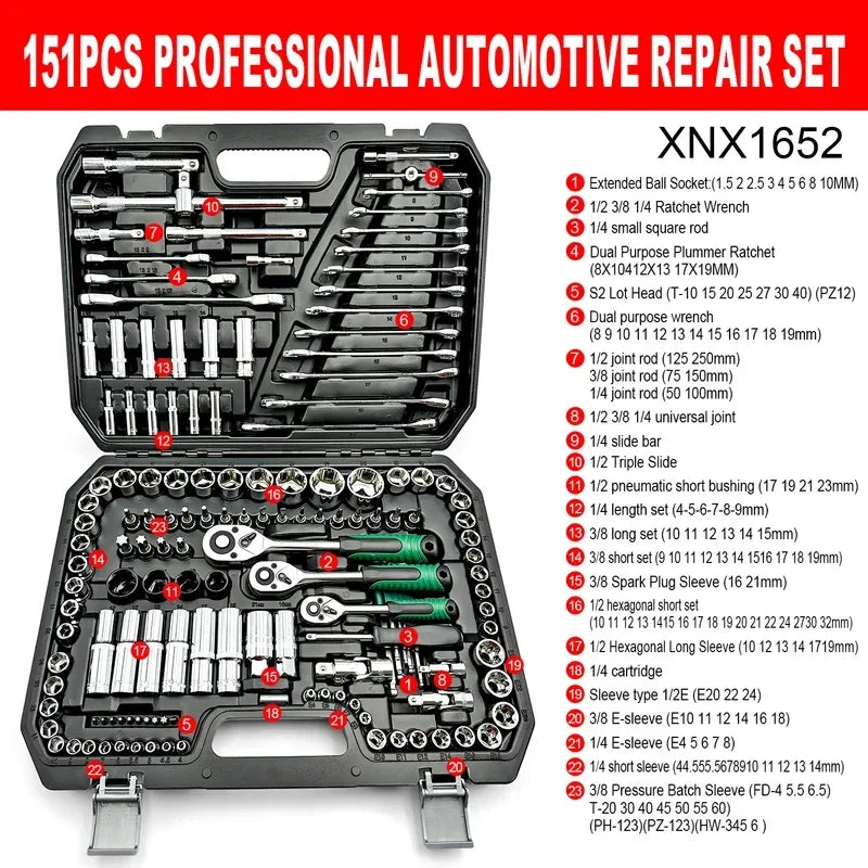 151pcs Drive Socket Set, 1/2 1/4 3/8 Automobile Maintenance