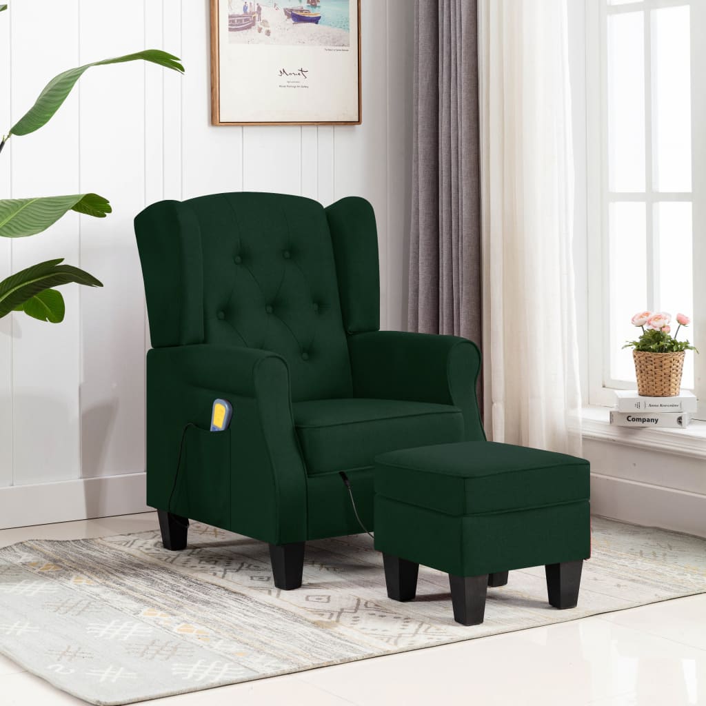 Fauteuil de massage avec repose-pied vert foncé tissu